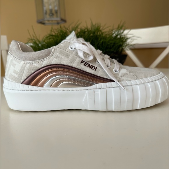 Fendi Shoes - Fendi FF Logo Printed Jacquard Cotton Rainbow Flat Low Top Sneakers Sz 38.5